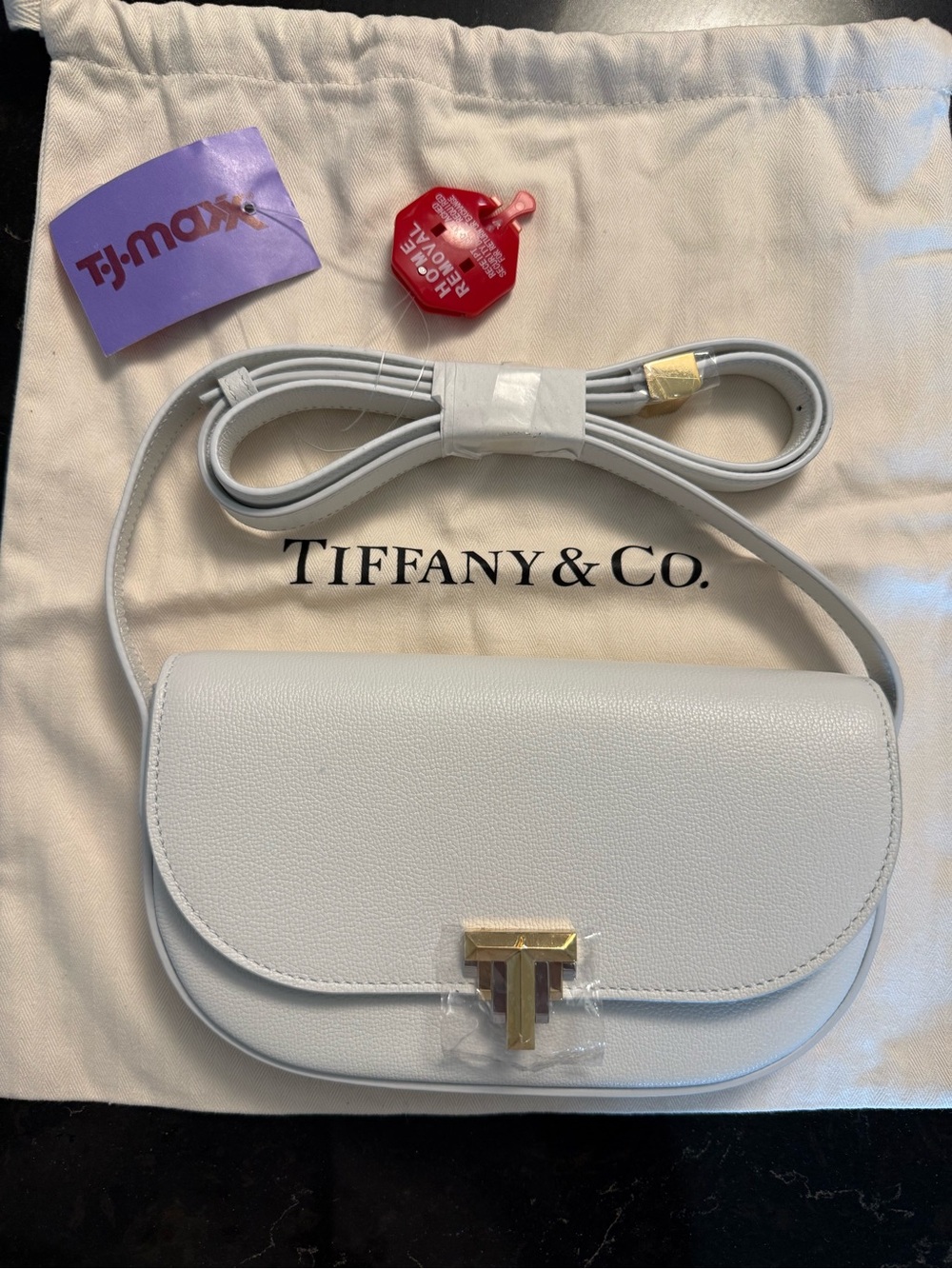 Tiffany & Co. White Pebbled Leather Crossbody with Gold T-Clasp